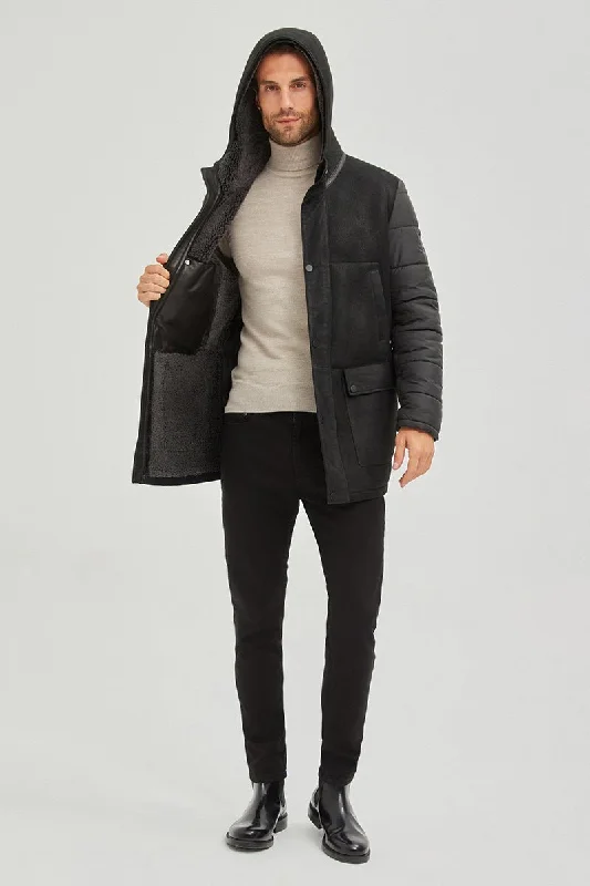 Alpine Men's Hooded Shearling Sheepskin Coat - Black