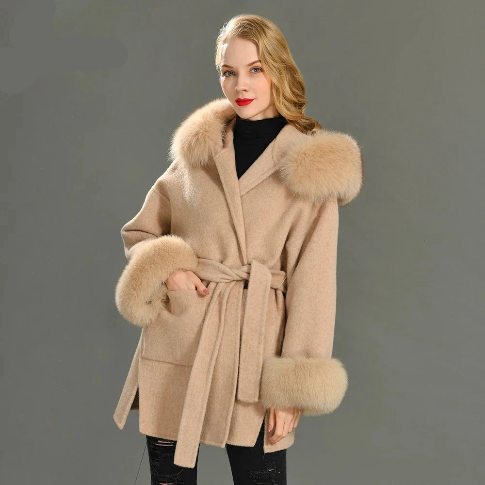 Women's Winter Coat - Real Fur Hood, 100% Natural Fox Fur Collar & Cuffs, Cashmere Wool Blend, Oversized Loose Fit Outerwear