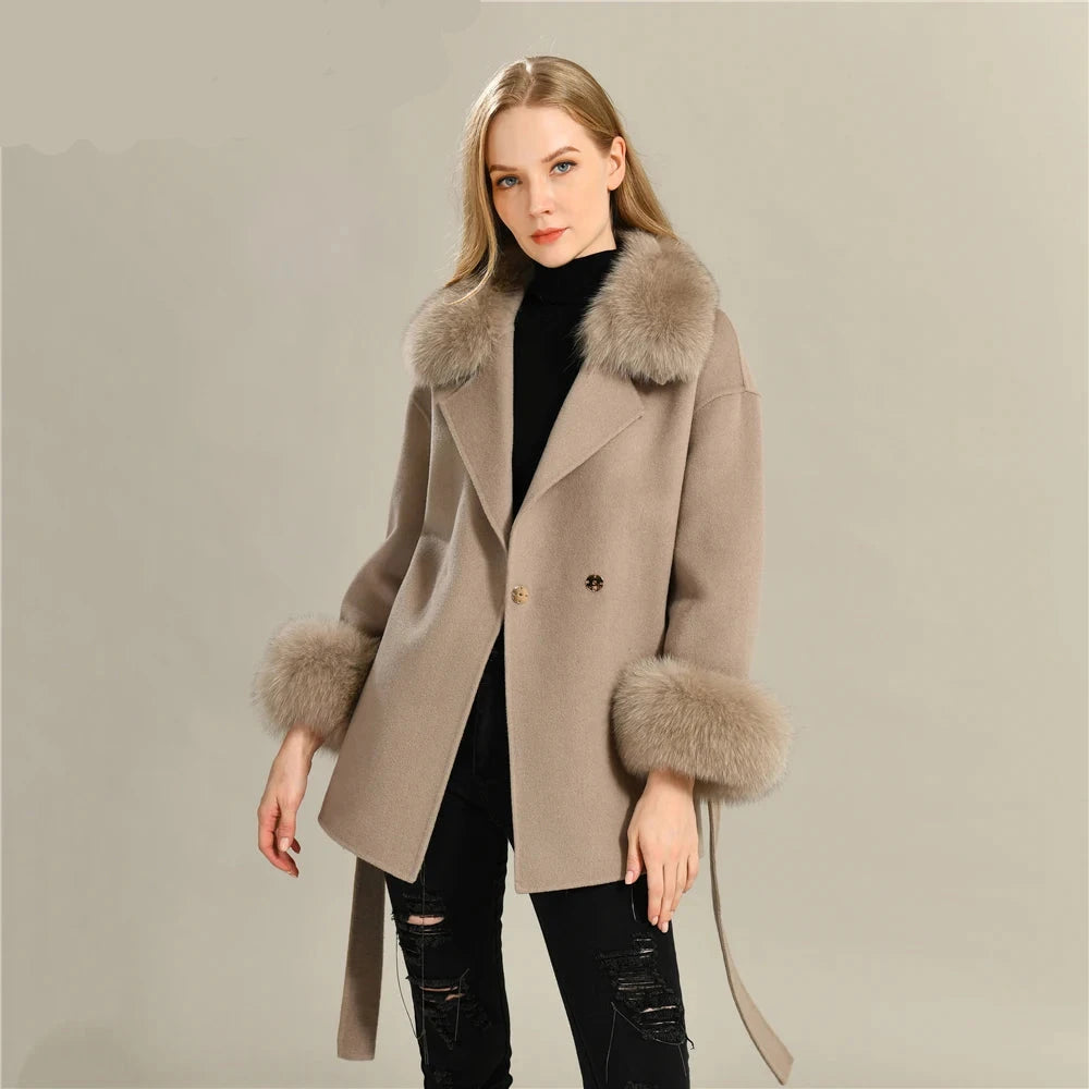 Women's Wool Coat with Real Fur - Elegant Medium-Length Cashmere Blend Coat for Autumn/Winter Fashion