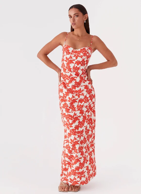 Forbidden Floral Bustier Maxi Dress - Red Floral