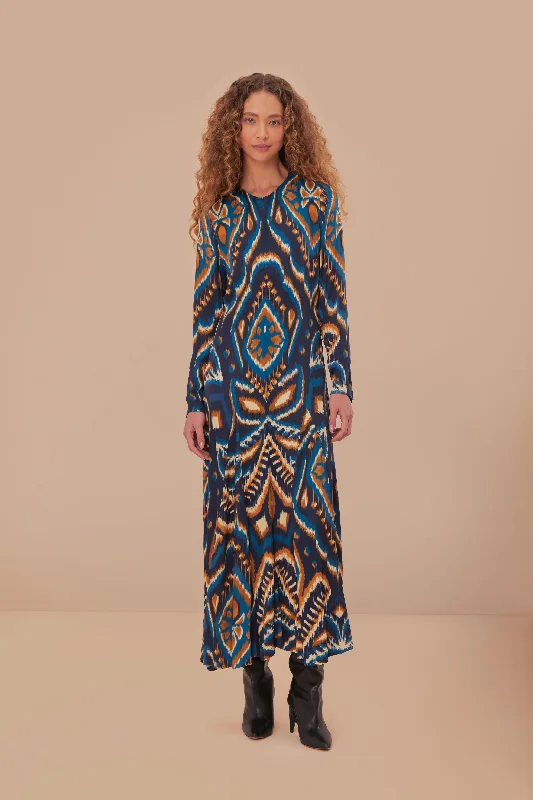 Blue Pineapple Ikat LENZING™ ECOVERO™ Viscose Maxi Dress