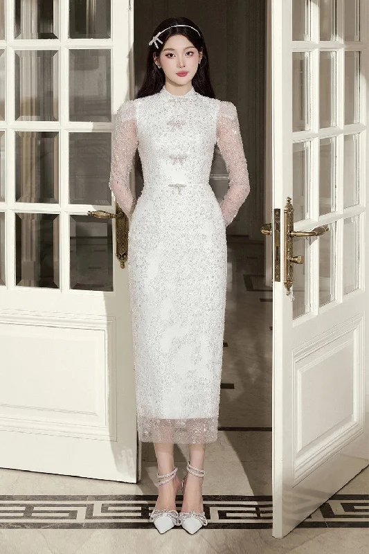 Bridal Sheath Long Sleeved Organza Midi Dress