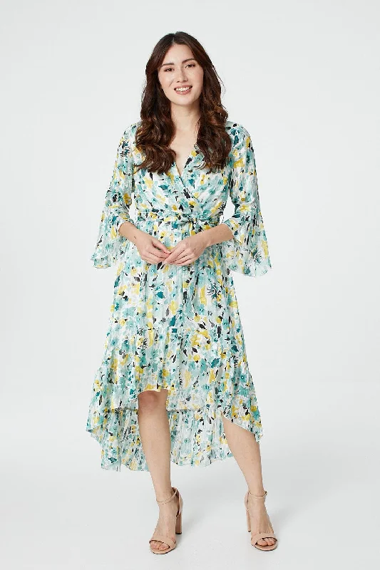 Floral 3/4 Sleeve Wrap Dress