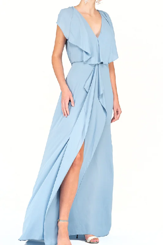 BCBG Maxazria - Cap Sleeve V-neck Ruffle Accent Long Dress