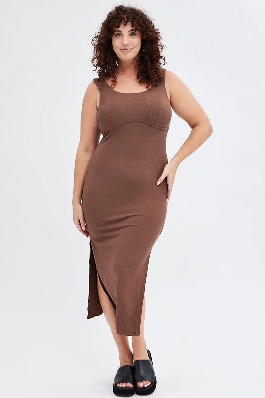 Brown Bodycon Dress Rib Jersey Sleeveless Midi