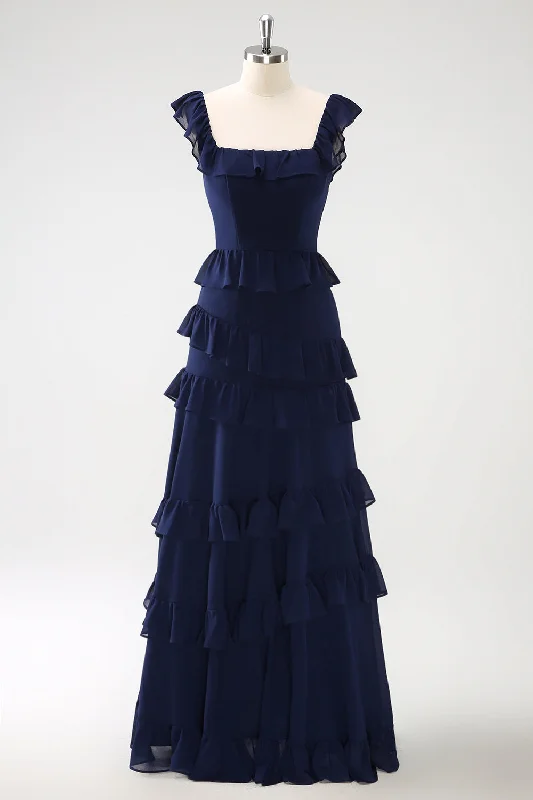 Dark Navy A-Line Tiered Chiffon Long Bridesmaid Dress