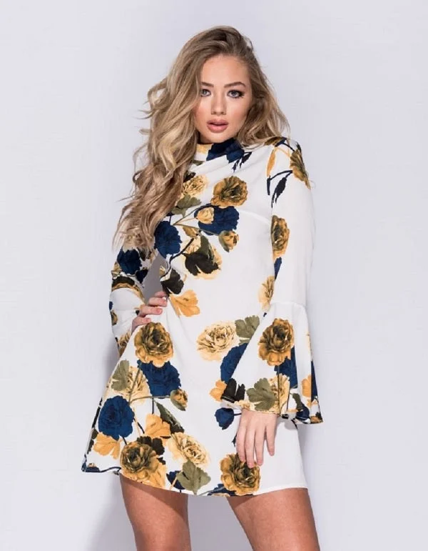 Ellen White Rose Print Flare Sleeve Shift Dress