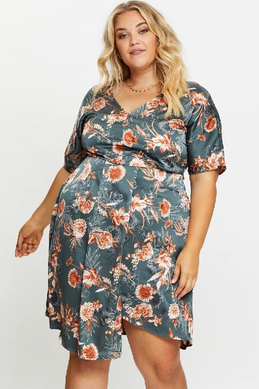 Floral Print Skater Dress V-neck Three-Quarter Sleeve