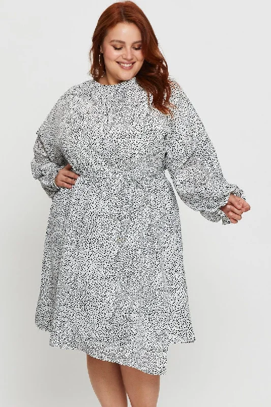 Geo Print Skater Dress High Neck Long Sleeve