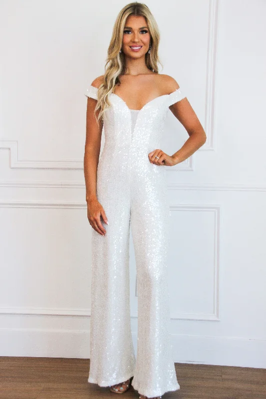 Good Luck Charm Sequin Off Shoulder Jumpsuit: White