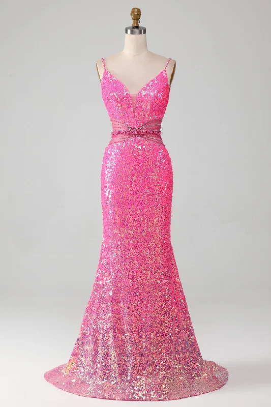 Hot Pink Spaghetti Straps Glitter Mermaid Prom Dress with Beading Waist