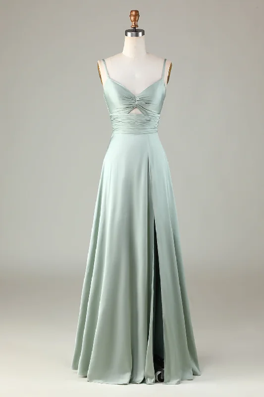 Keyhole Spaghetti Straps Matcha Bridesmaid Dress with Slit