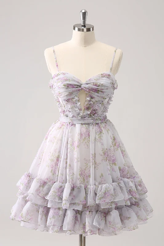 Lilac A-Line Floral Prints Ruffled Tiered Tulle Homecoming Dress