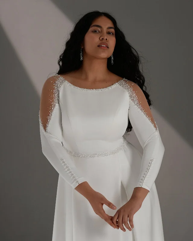 Long Sleeve A-Line Wedding Dress with Side Slit