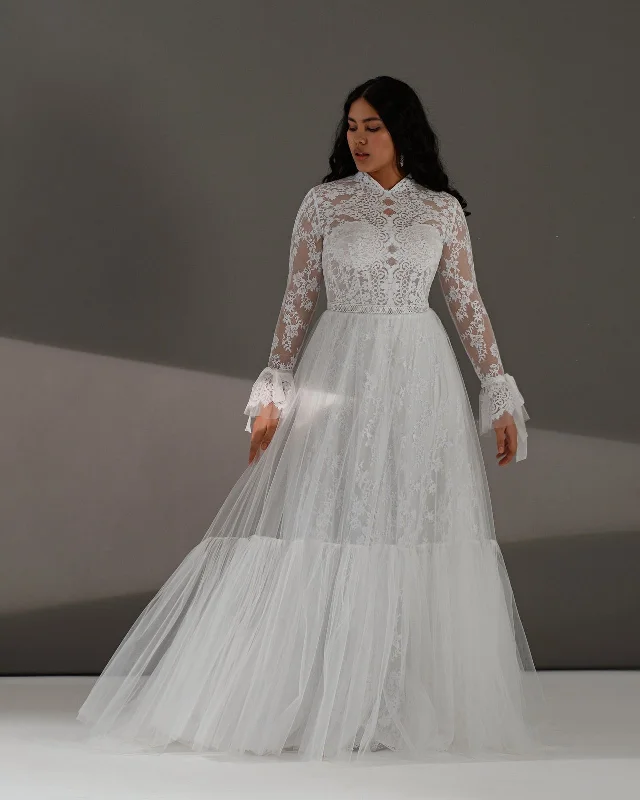 Long Sleeve High Neck A-Line Lace Boho Wedding Dress