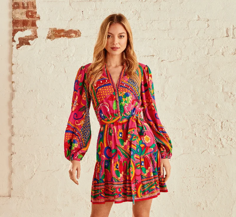 Long Sleeve Retro Printed A Line Dress In Pink Multi