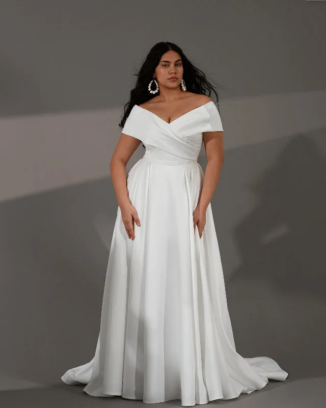 Off-the-shoulder A-Line Minimal Wedding Dress with Captivating Cross-Bodice Pleating