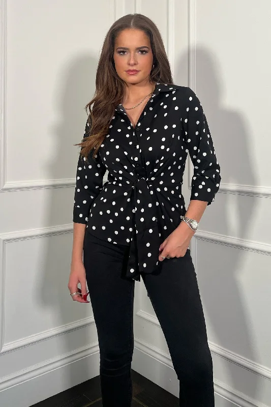 Philippa Tie Front Collar Shirt Black Polka