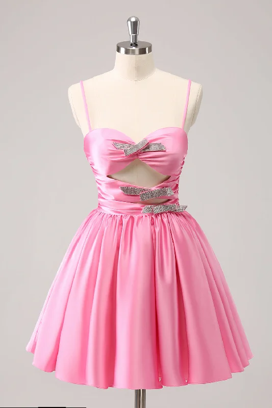 Pink A-Line Spaghetti Straps Pleated Homecoming Dress with Keyhole