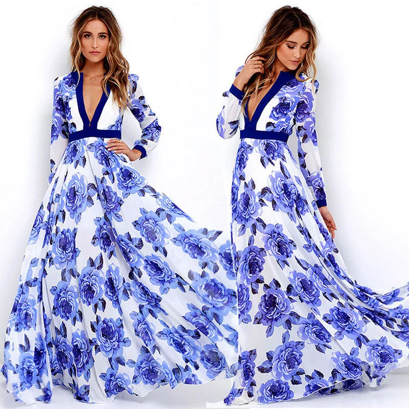 Floral Deep V Neck Maxi Dress