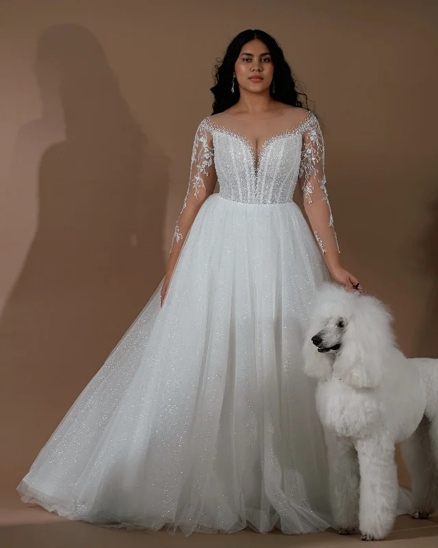 Sheer Lace Long Sleeves Glitter Tulle A-Line Wedding Dress