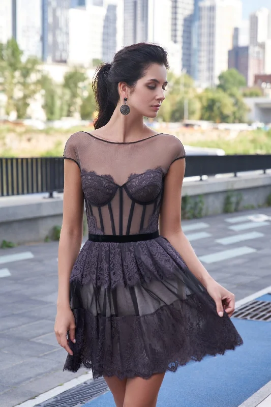 Sheer Neckline Lace Black Mini Cocktail Dress