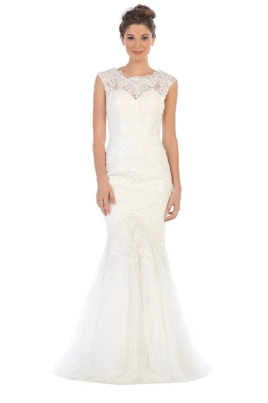 Simple Long Cap Sleeve Mermaid Lace Wedding Dress