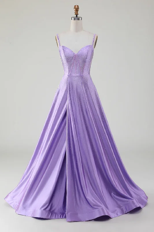 Simple Sparkly Lilac A-Line Side Slit Corset Prom Dresses with Rhinestones