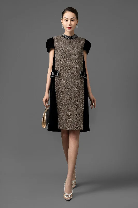 Terina Trapezoid Mock Neck Velvet Tweed Above The Knee Dress