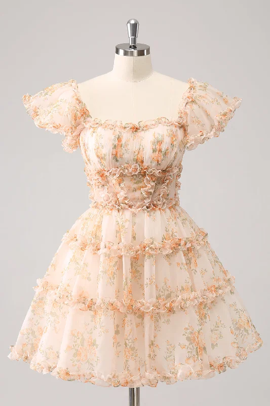 Yellow A-Line Ruffled Tulle Floral Print Homecoming Dress