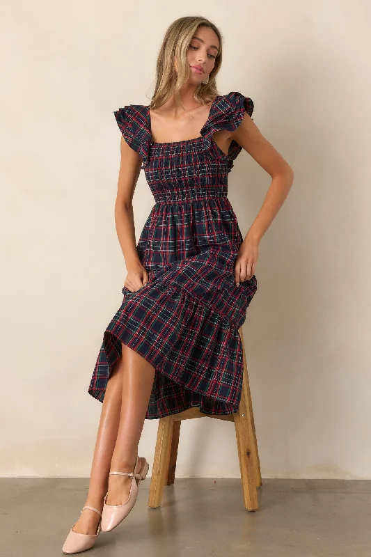 Always Good 100% Cotton Navy Plaid Flutter Sleeve Midi Dress