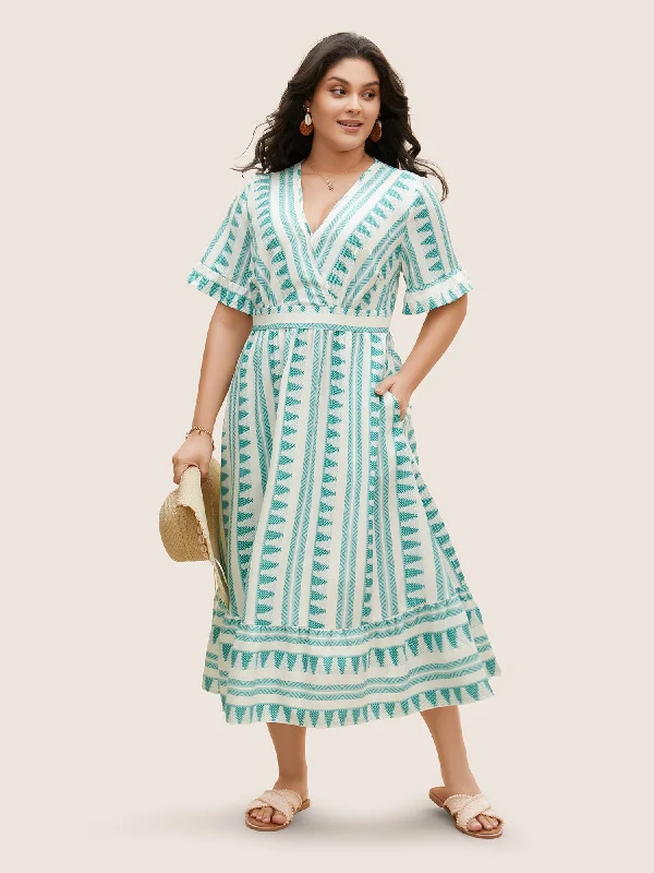 Bandana Striped Overlap Collar Flutter Hem Dress