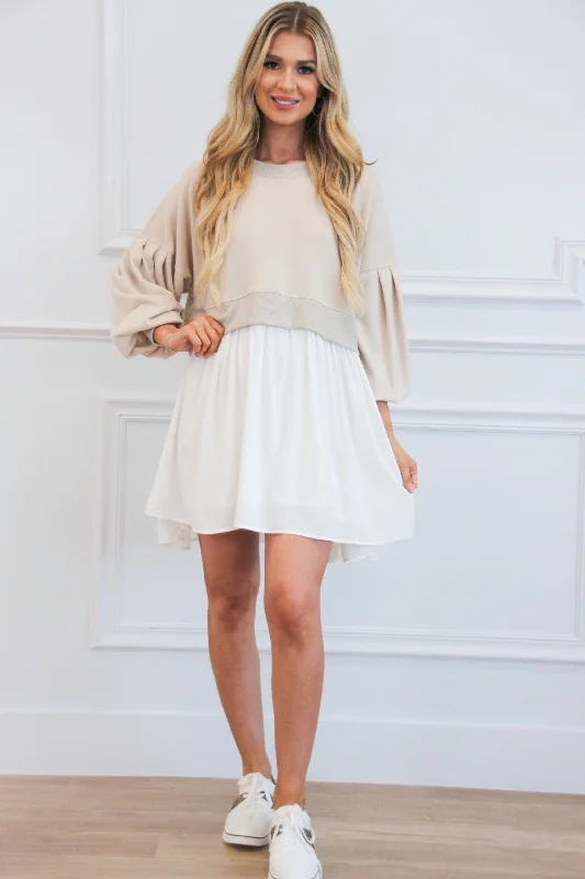 Baylor Layered Dress: Taupe/White