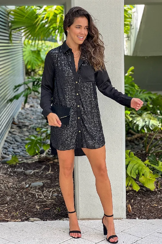 Black Button Down Sequin Shirt Dress