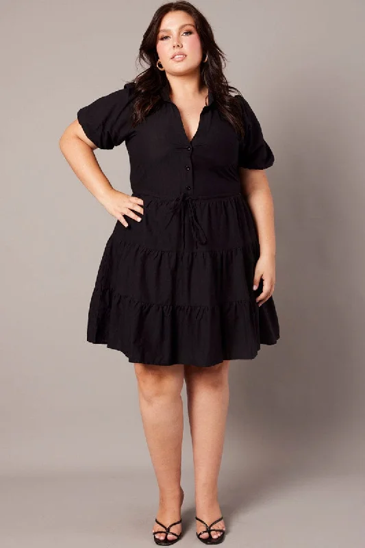 Black Button Through Collared Shirtdress