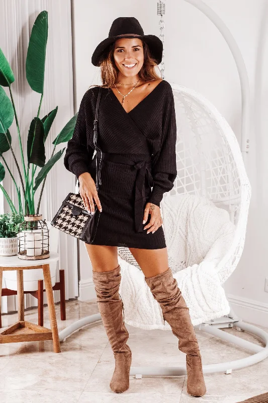 Black Ribbed Short Dress with Long Sleeves