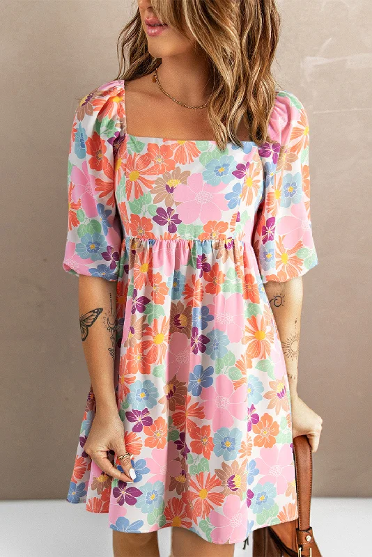 Bloom Burst Printed Half Sleeve Mini Dress