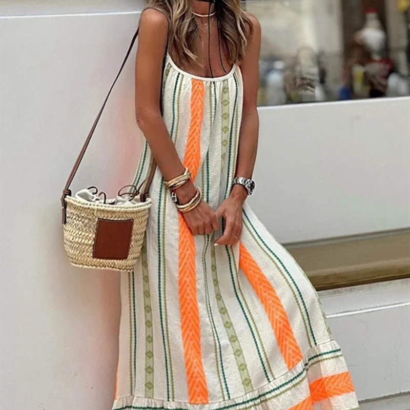 Bohemian Orange Green Printed Sling Loose Dress