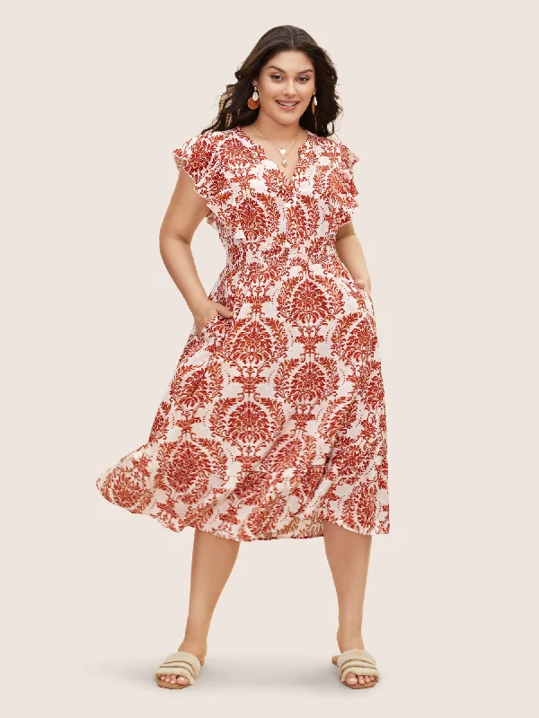 Boho Print Shirred Ruffle Cap Sleeve Dress