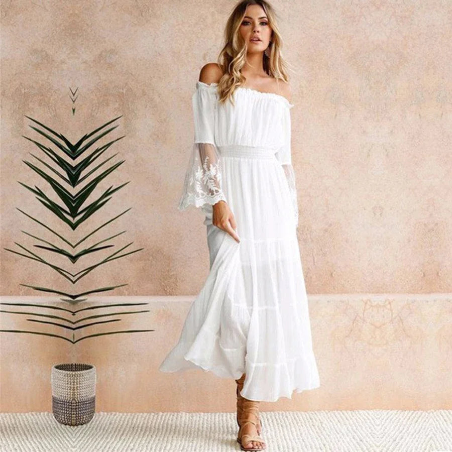 Boho White Elegant Off The Shoulder Beach Sundress