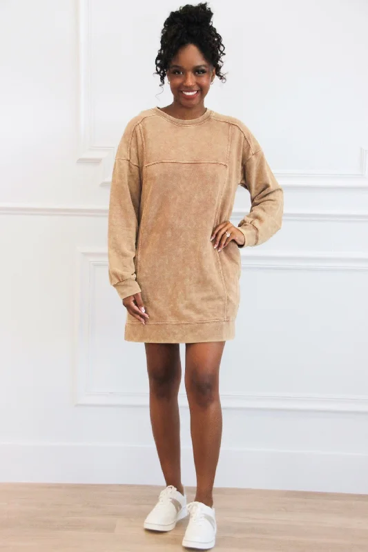 Casual Days Oversized Washed Sweatshirt Tunic Dress: Camel