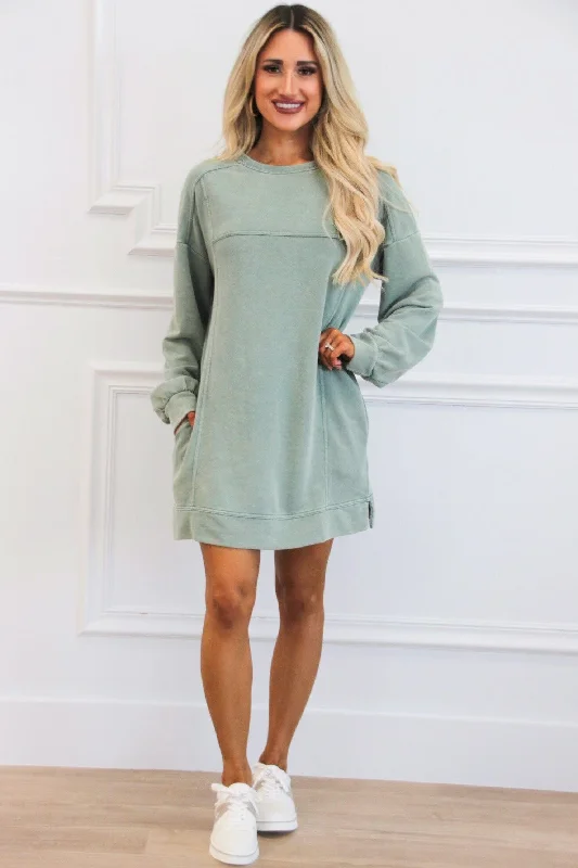 Casual Days Oversized Washed Sweatshirt Tunic Dress: Sage