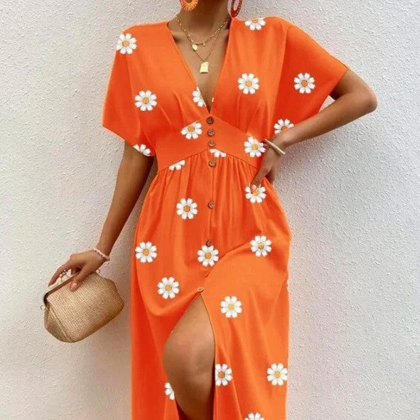 Citrus Bloom V-Neck Floral Midi Dress