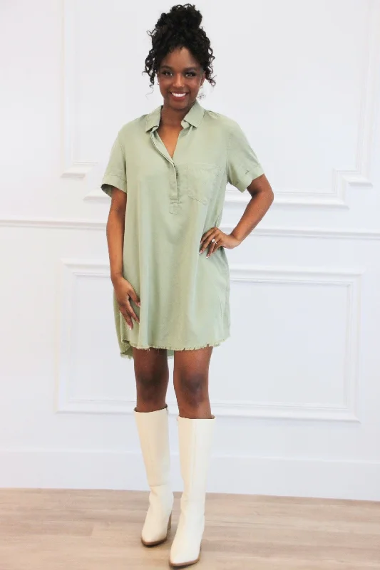 Comfy Essential Washed Denim Shirt Dress: Olive