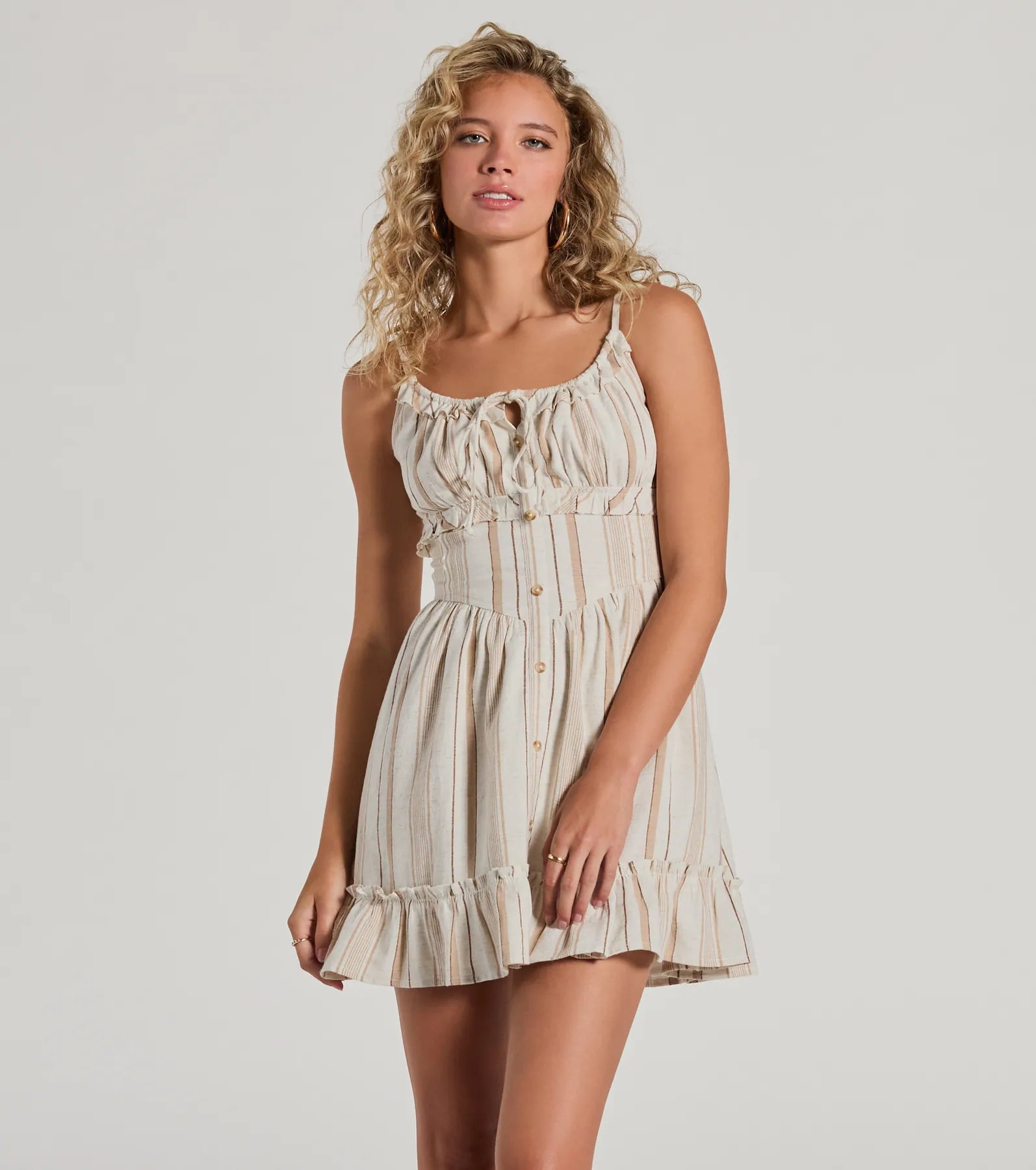 Cute Style Button Ruffled Striped Linen Skater Dress