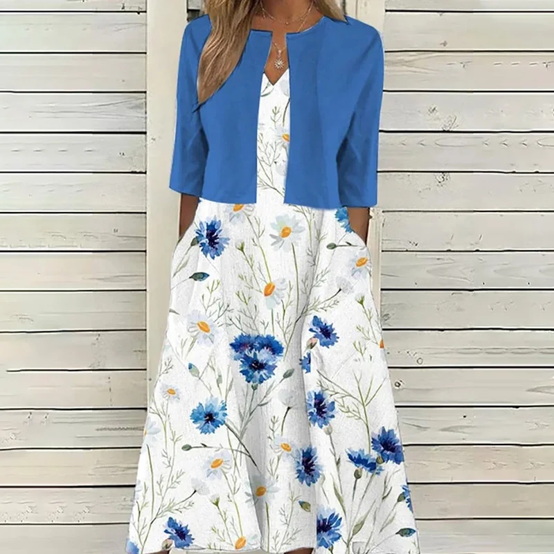 Retro Floral Print Cardigan Two-piece Dress