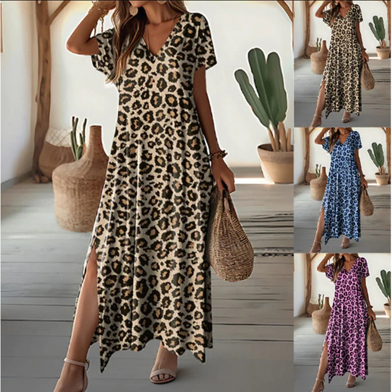 Leisure Loose Printed V-neck Short Sleeve Maxi Dress