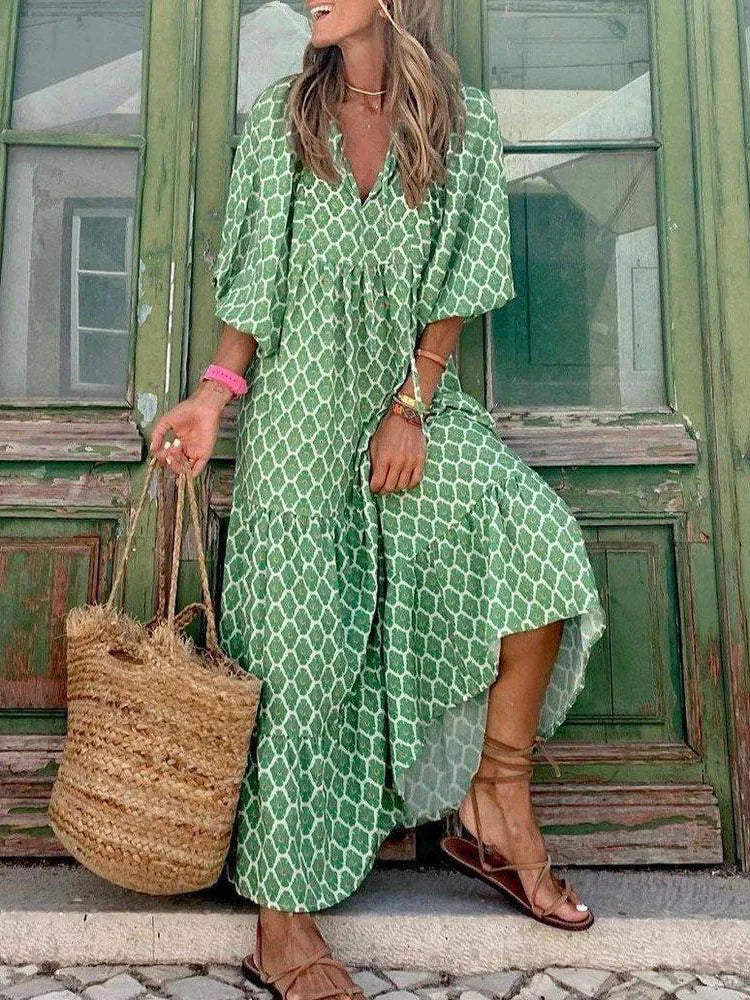 Bohemian Print V-Neck Loose Fit Summer Maxi Dress W/ 3/4 Sleeve