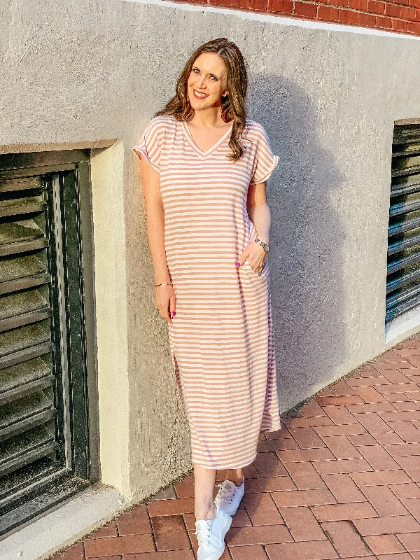 Horizontal Stripe Side Slit V-Neck Dress