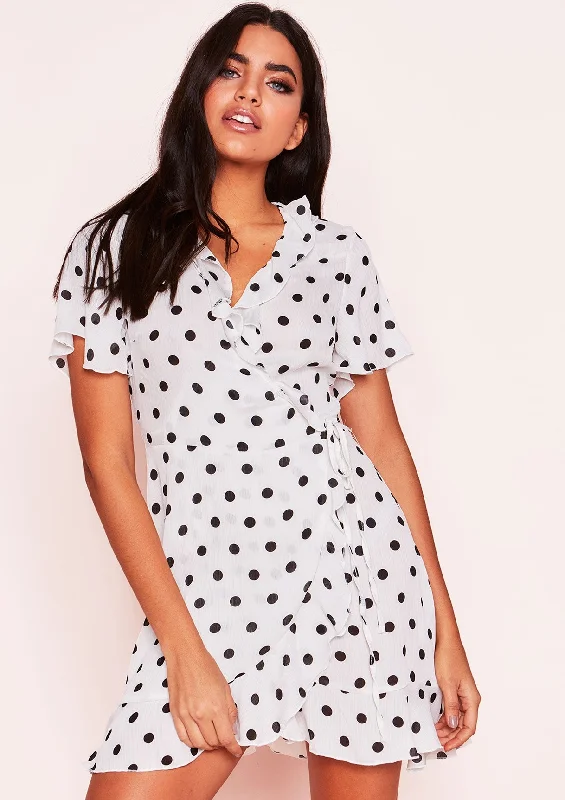 Isabella White Polkadot Wrap Frill Dress